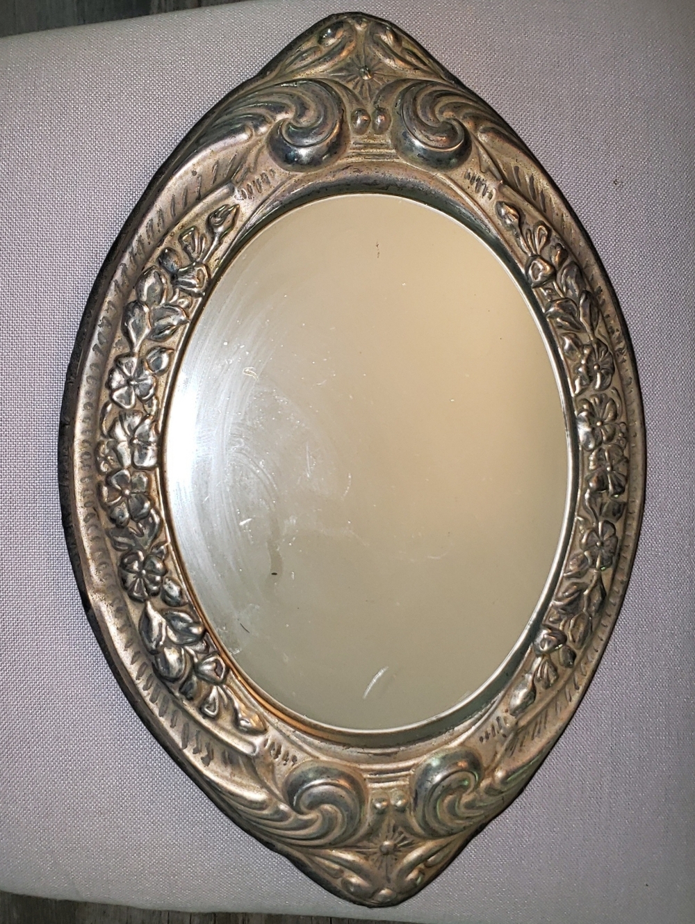 Vintage Silver Plate Mirror, Oval, Used